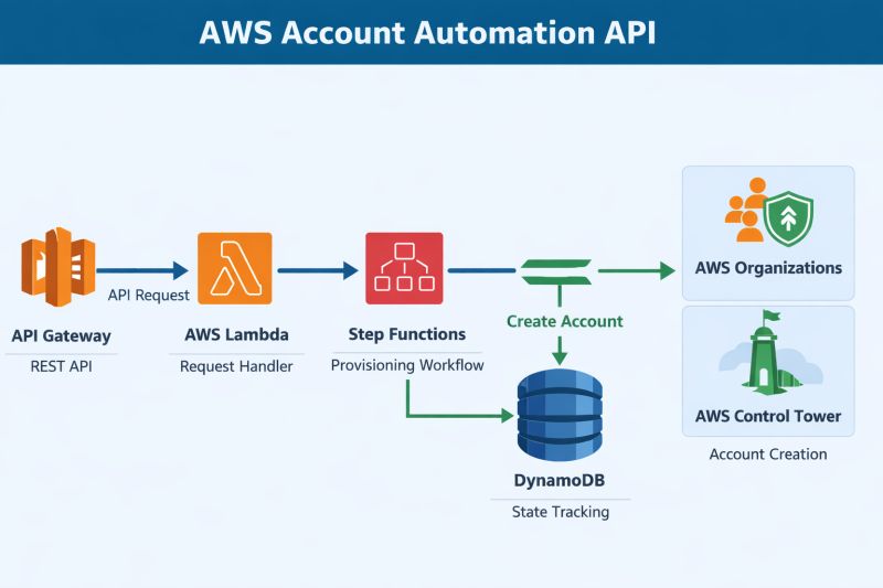 Arquitetura da AWS Account Automation API com API Gateway, Lambda, Step Functions, DynamoDB, Organizations e Control Tower